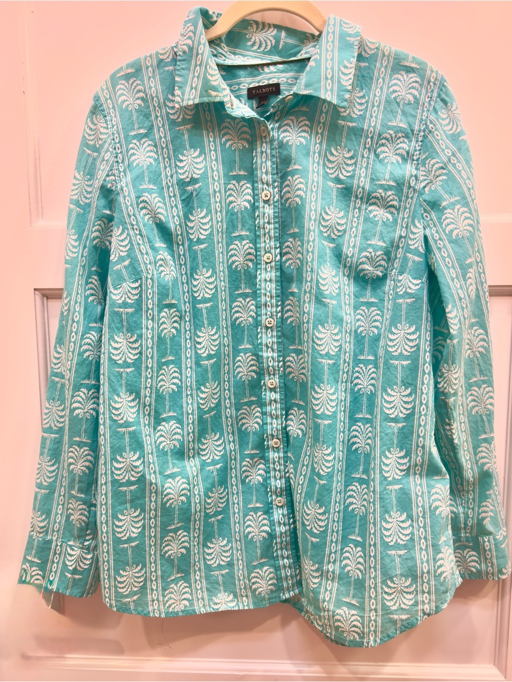 Talbots Decorative Palms Button-Front Long Sleeve Cotton Blouse Size Large